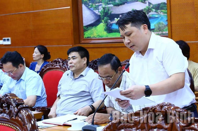Đồng chí Hà Trung Thảo, Phó Chủ tịch UBND huyện Mai Châu phát biểu tại hội nghị.