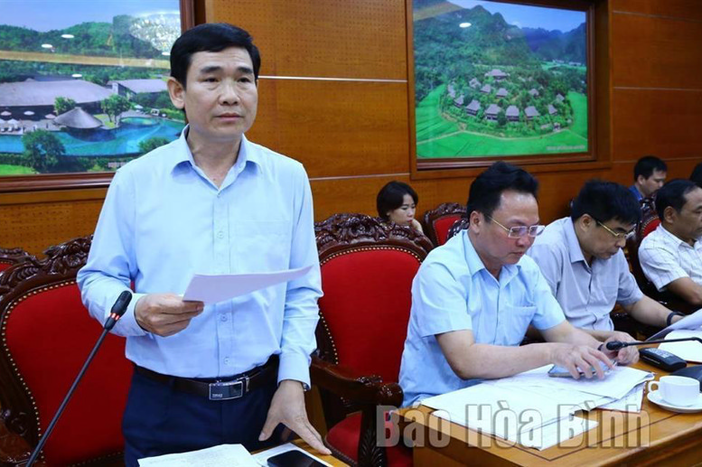 Đồng chí Bùi Văn Tinh, Chủ tịch UBND huyện Tân Lạc phát biểu tại hội nghị.
